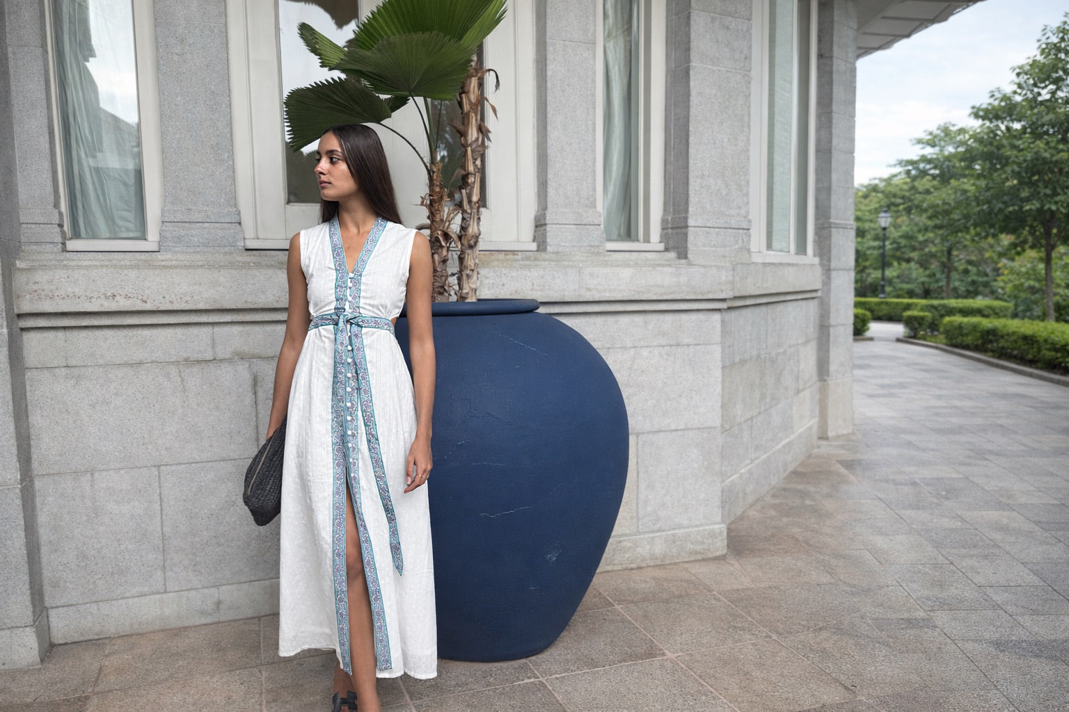 White Border Detail Wrap Dress