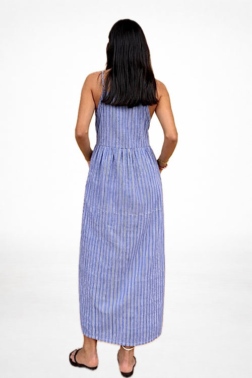 Blue Stripe Tie-Waist Maxi Dress