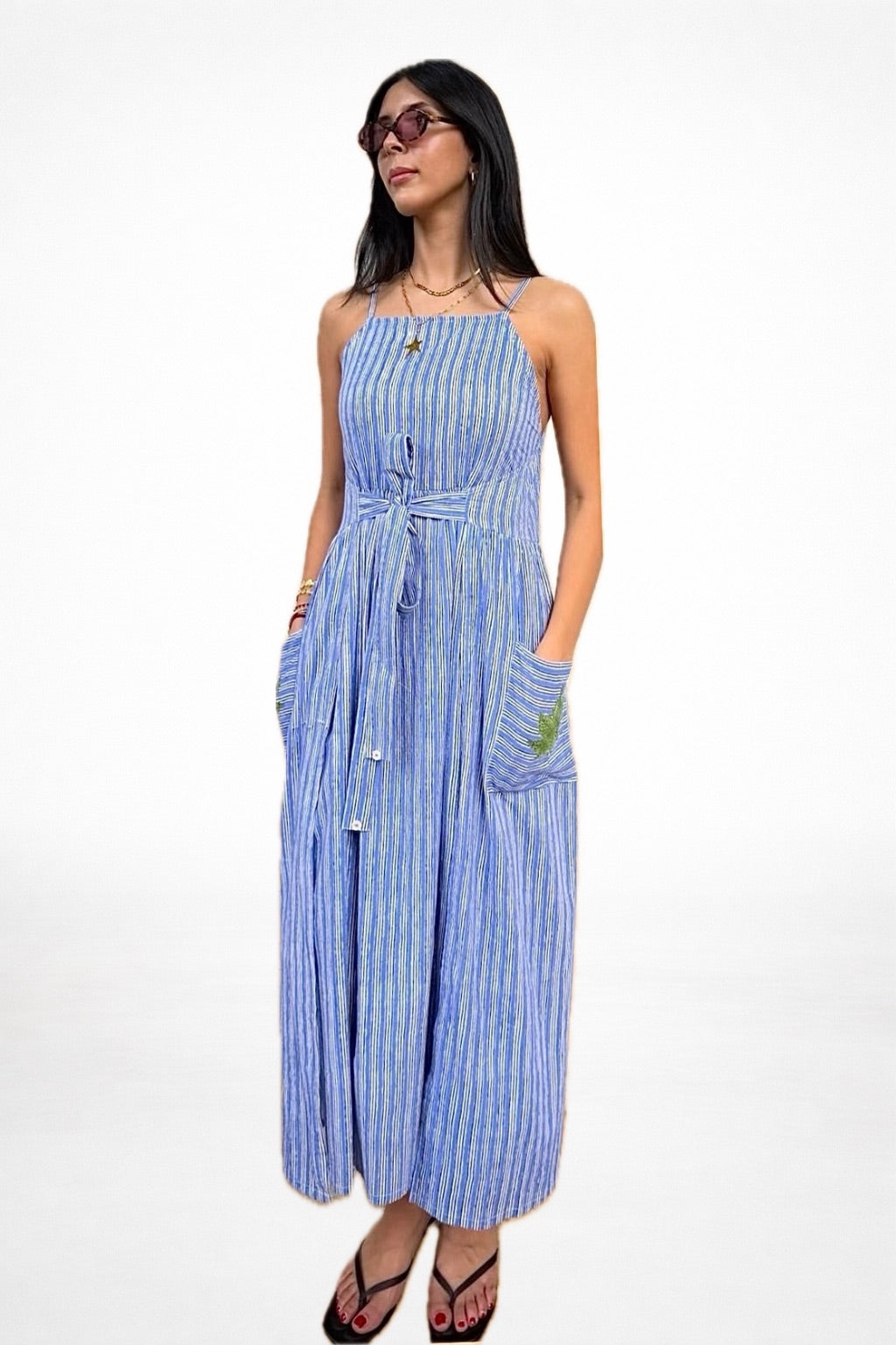 Blue Stripe Tie-Waist Maxi Dress